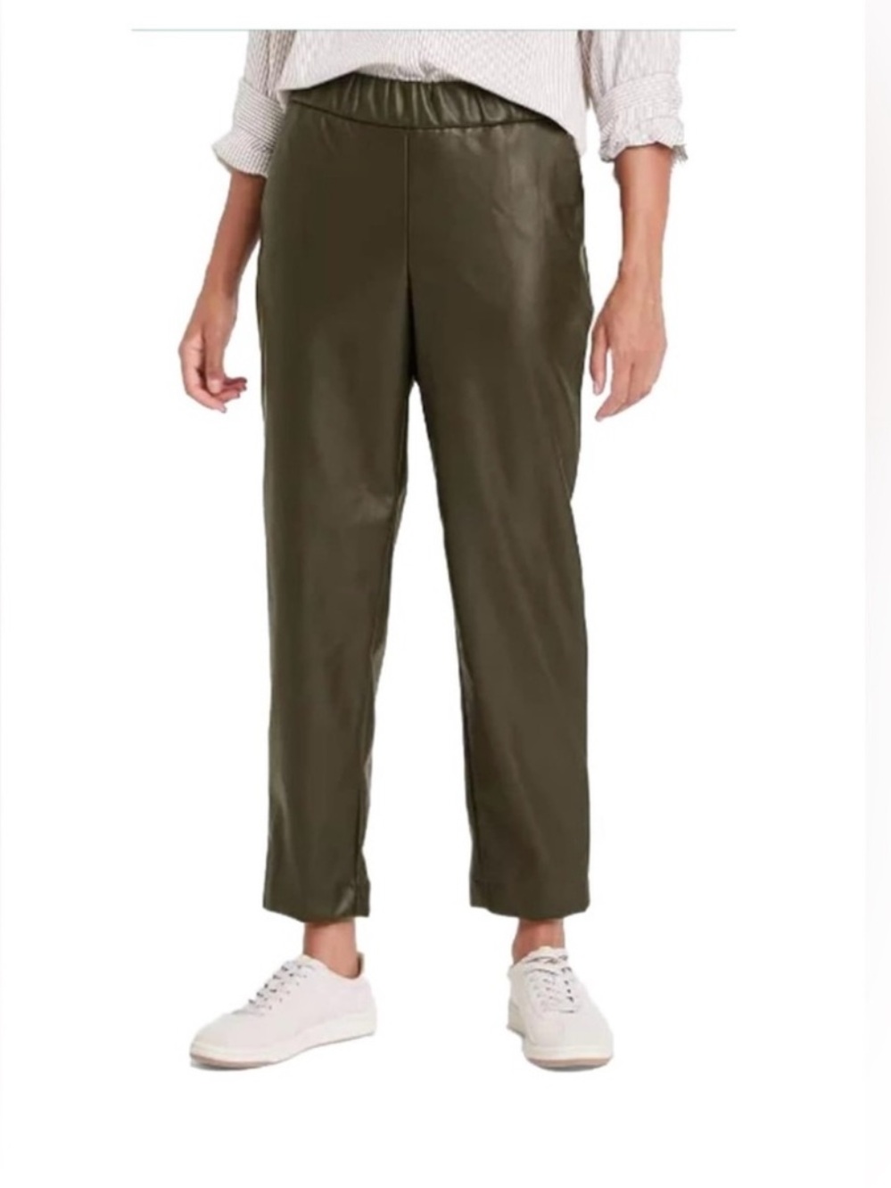 A new day olive green vegan leather straight leg pull on tapered ankle pants